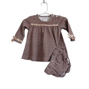 Icky Baby brown pink houndstooth long sleeve dress set cotton knit. 3-6m